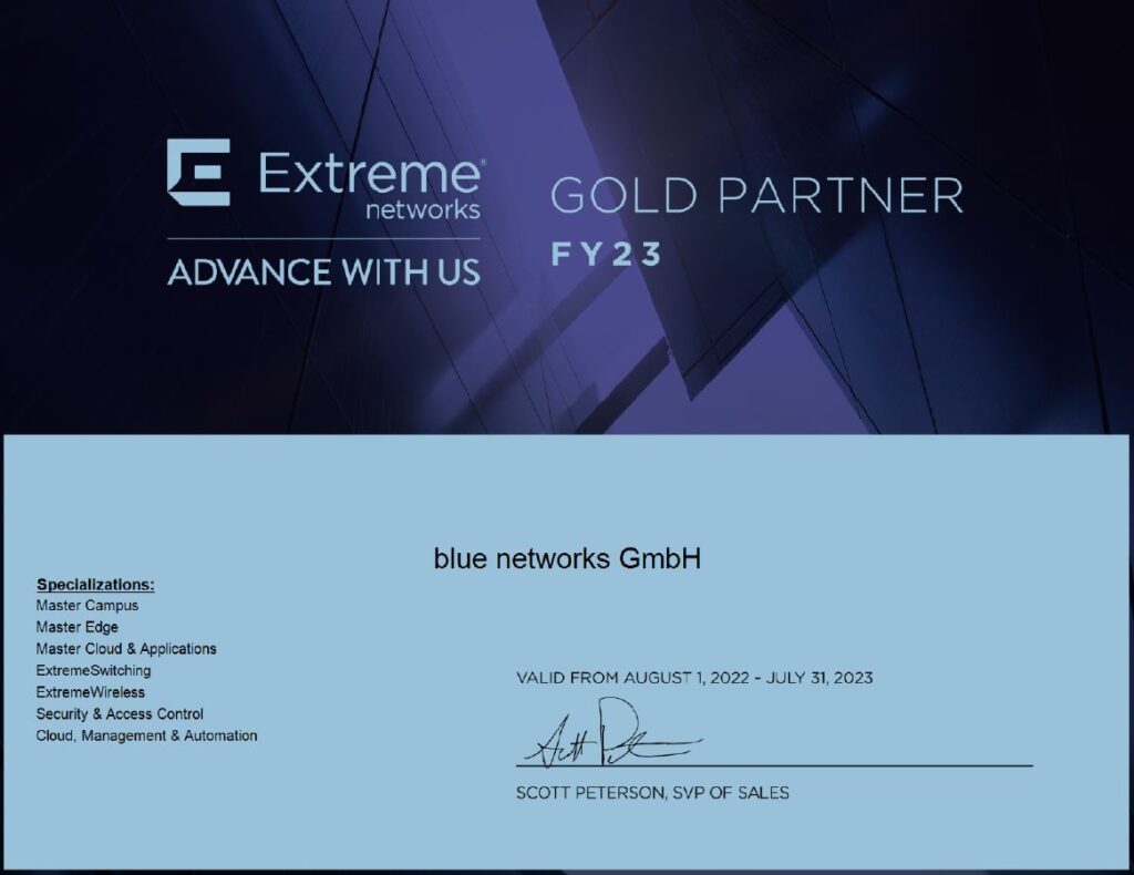 Gold Partner Status Logo der Extreme Networks für die blue networks