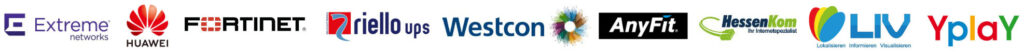 Logos von den Partnern der blue networks: Extreme Networks, Fortinet, riello, Westcon, AnyFit, HessenKom, Liv und Yplay