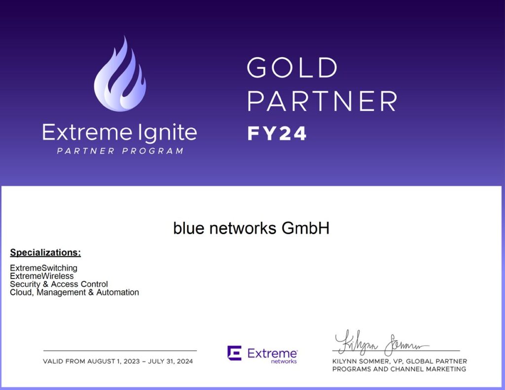 Goldpartnerzertifikat der Extreme Networks für die blue networks