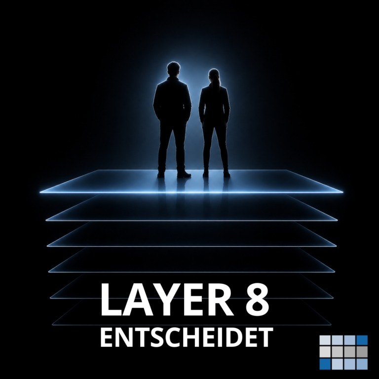 Layer 8 Darstellung Mensch über Netzwerkebenen zeigt Ursache für IT Probleme