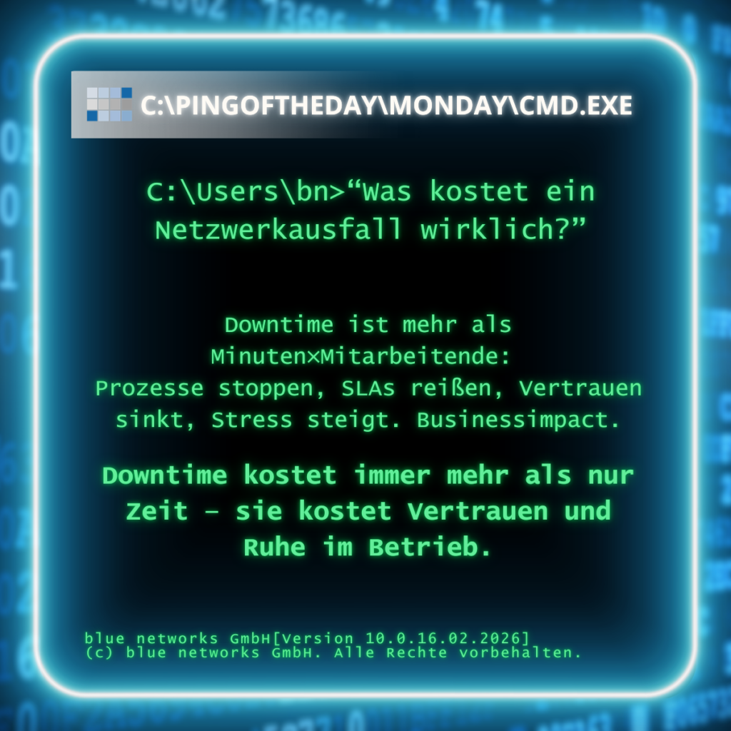 IT-Netzwerkausfall im CMD-Interface mit Frage „Was kostet ein Netzwerkausfall wirklich?“ und Hinweis auf Downtime, SLA und Business-Impact